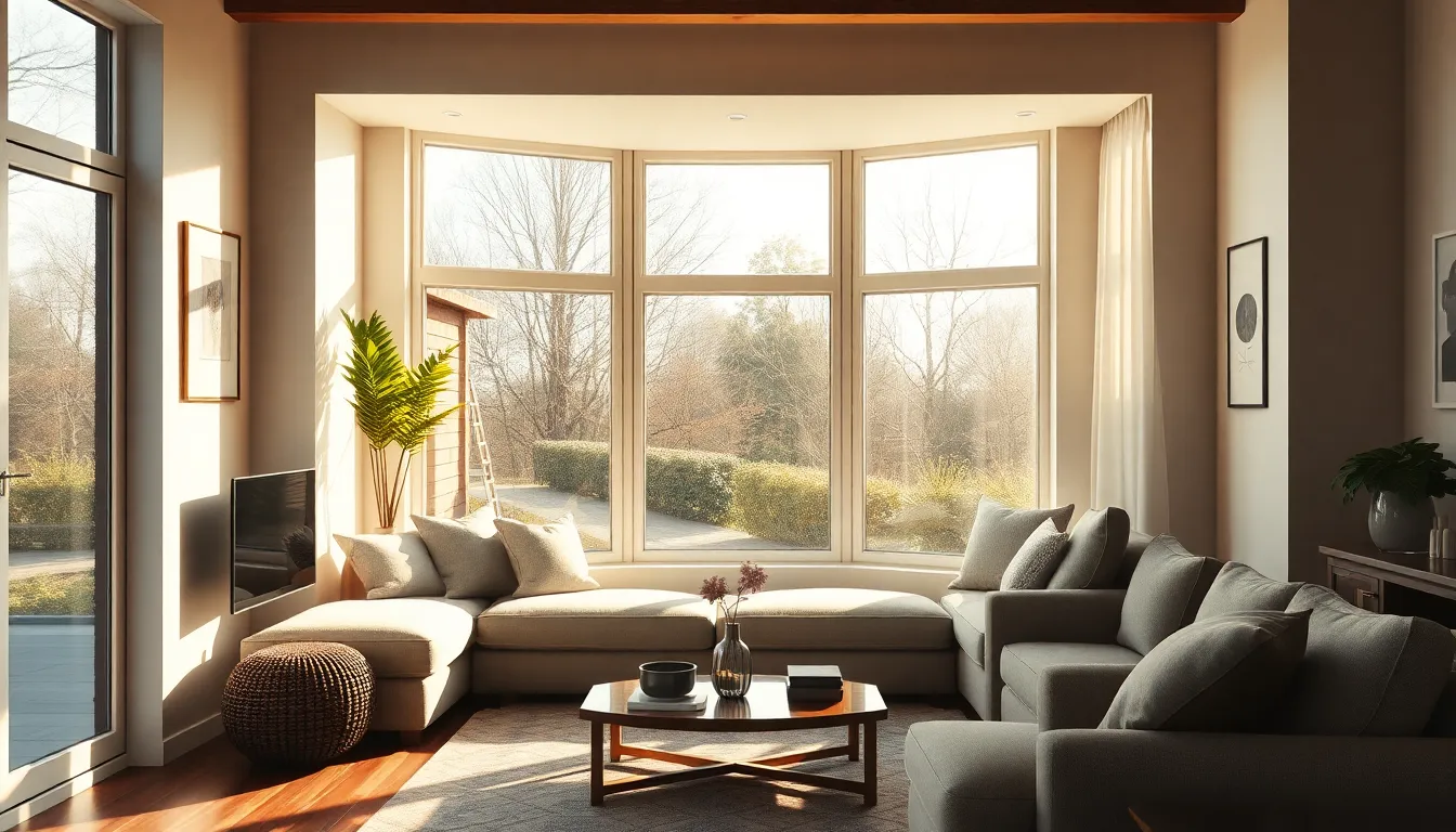 Salon moderne avec fenêtre en saillie optimisant la ventilation et la lumière naturelle.