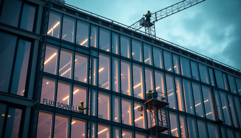 Bâtiment moderne en construction avec fenêtres à haute performance énergétique et triple vitrage, illustrant des normes RE2020.